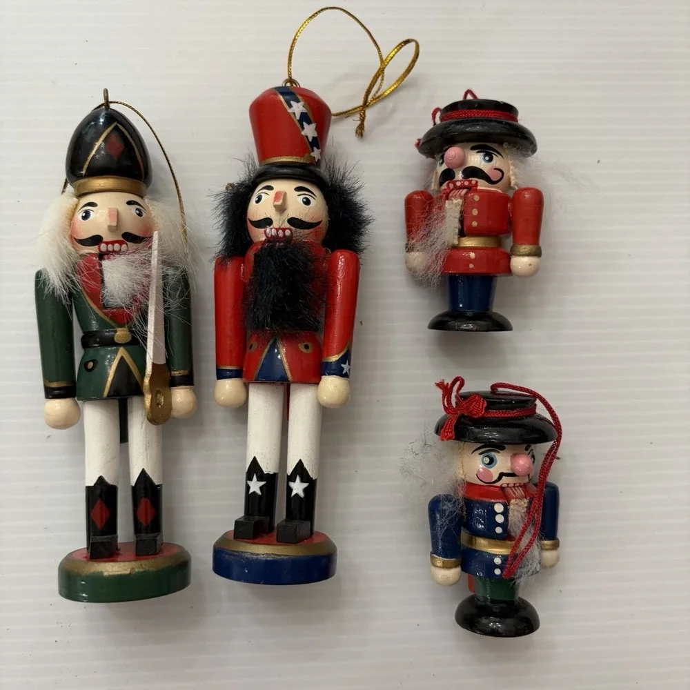 Vintage Wooden Nutcracker Christmas Tree Ornaments Lot Of 4 Holiday